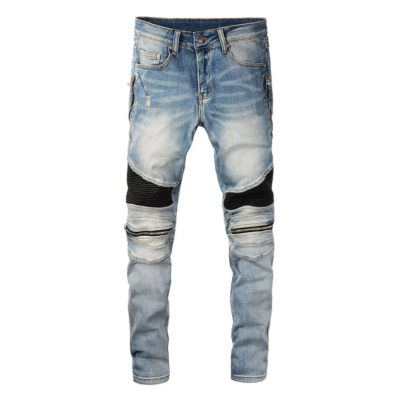 Sokotoo Men's PU Leather Patchwork Biker Jeans Zippers Retro Light Blue Stretch Denim Slim Pants