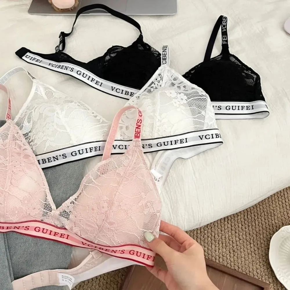 Comfortable Letter Design Lingerie Set Deep V Wireless Women Underwear Suit Color Blocking Lace Bra Panties Set Daily — image 5