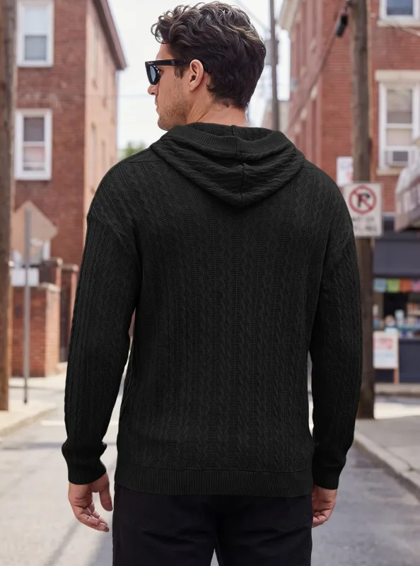 Men Thin Cable Knit Hooded Sweatshirt Drawstring Hood Kangaroo Pocket Long Sleeve Loose Casual Pullover Autumn Daily Street Tops — image 4