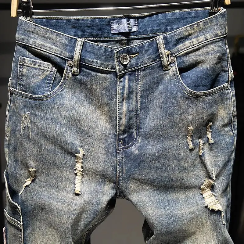 Forår og efterår Elastik Nostalgisk stor størrelse Rippede jeans Mænds løs fedt plus trendy mærke fede fyrebukser vaskede lange bukser — image 7