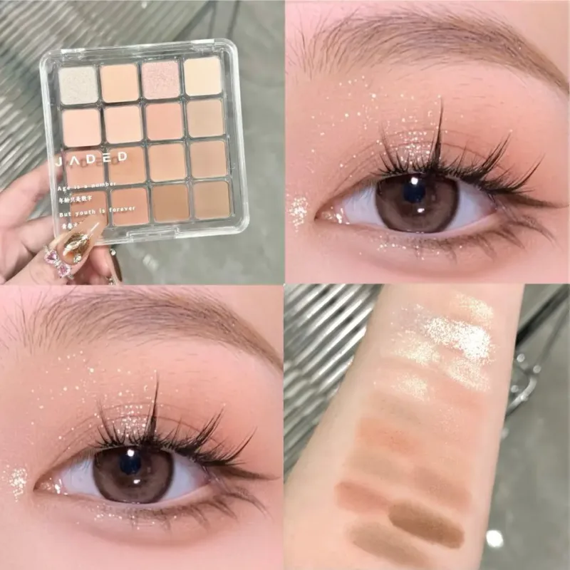 16-Farben-Lidschatten-Palette, matt, niedrige Sättigung, wasserfest, glitzernd, blauer Lidschatten, langlebiges rosa Augen-Make-up, koreanische Kosmetik