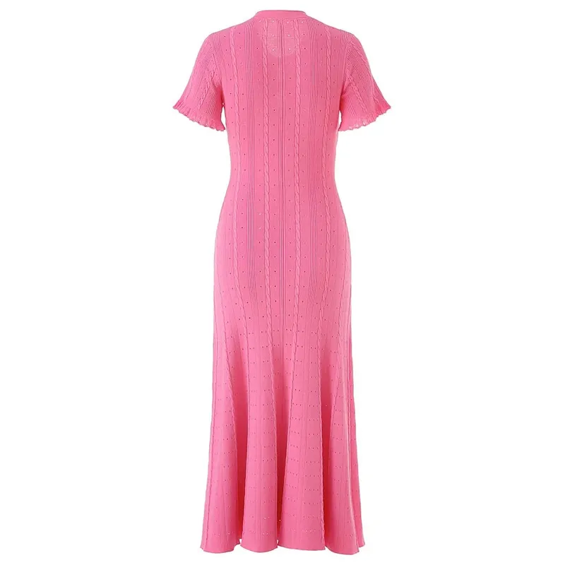 Musim Panas Wanita Elegant Rajutan Single Breasted Gaun Panjang Wanita Lengan Pendek O Leher Butang Bodycon Pesta Vestidos Wanita — image 13