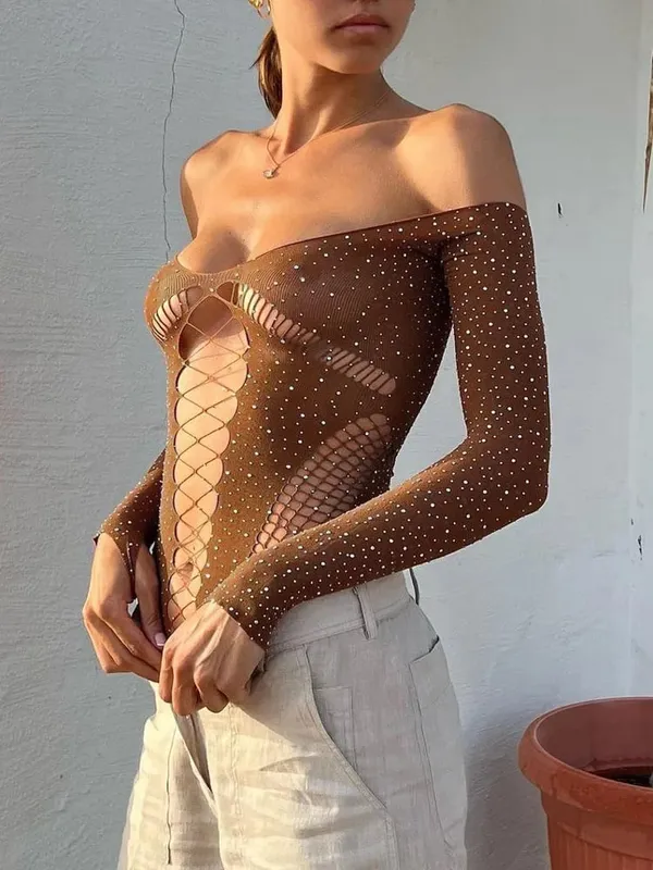 ดูผ่าน Sparkly ตาข่ายบอดี้สูทผู้หญิงแขนยาว Rhinestone Body Tops เจาะร้อนหญิงปาร์ตี้ไนท์คลับเซ็กซี่ชุดชั้นใน — image 18