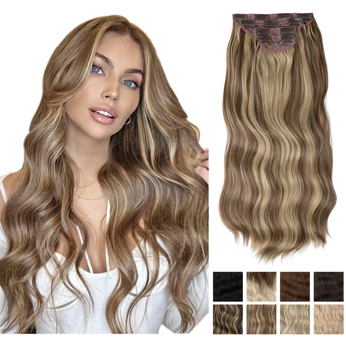 สังเคราะห์ยาวหยักคลิปในส่วนขยายของผม 22 "4 ชิ้น/เซ็ตหนา Hairpiece สำหรับผู้หญิงสีบลอนด์สีน้ำตาลสีดำธรรมชาติผมปลอม — image 1