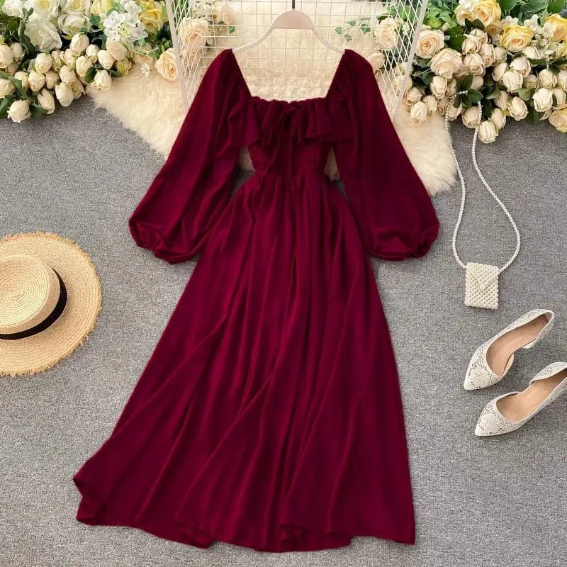 Chic Eleganter Platz Kragen Maxi Kleid Frauen Solide Chiffon Puff Sleeve Kleider 2026 Strand Party Robe Vintage Rüschen Vestidos Y2k — image 6