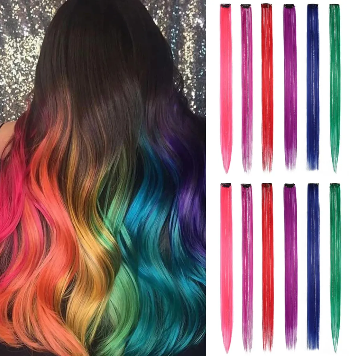 Mehrfarbige Clip-in-Haarverlängerungen, gemischte Lametta, farbige Haarverlängerungen, 2-in-1-Regenbogenhaar mit silbernen Lametta für Kinder und Mädchen — image 12