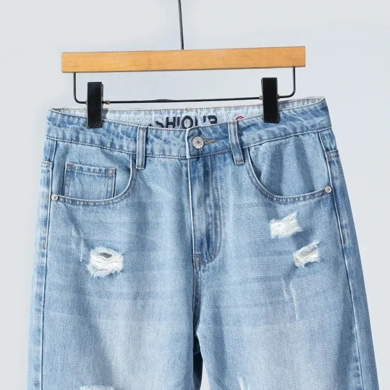 Seluar Jeans Koyak Nipis Musim Panas Lelaki Lurus Bernafas Denim Seluar Kasual Pakaian Jalanan Harlen Seluar Panjang Buku lali Biru Muda — image 4