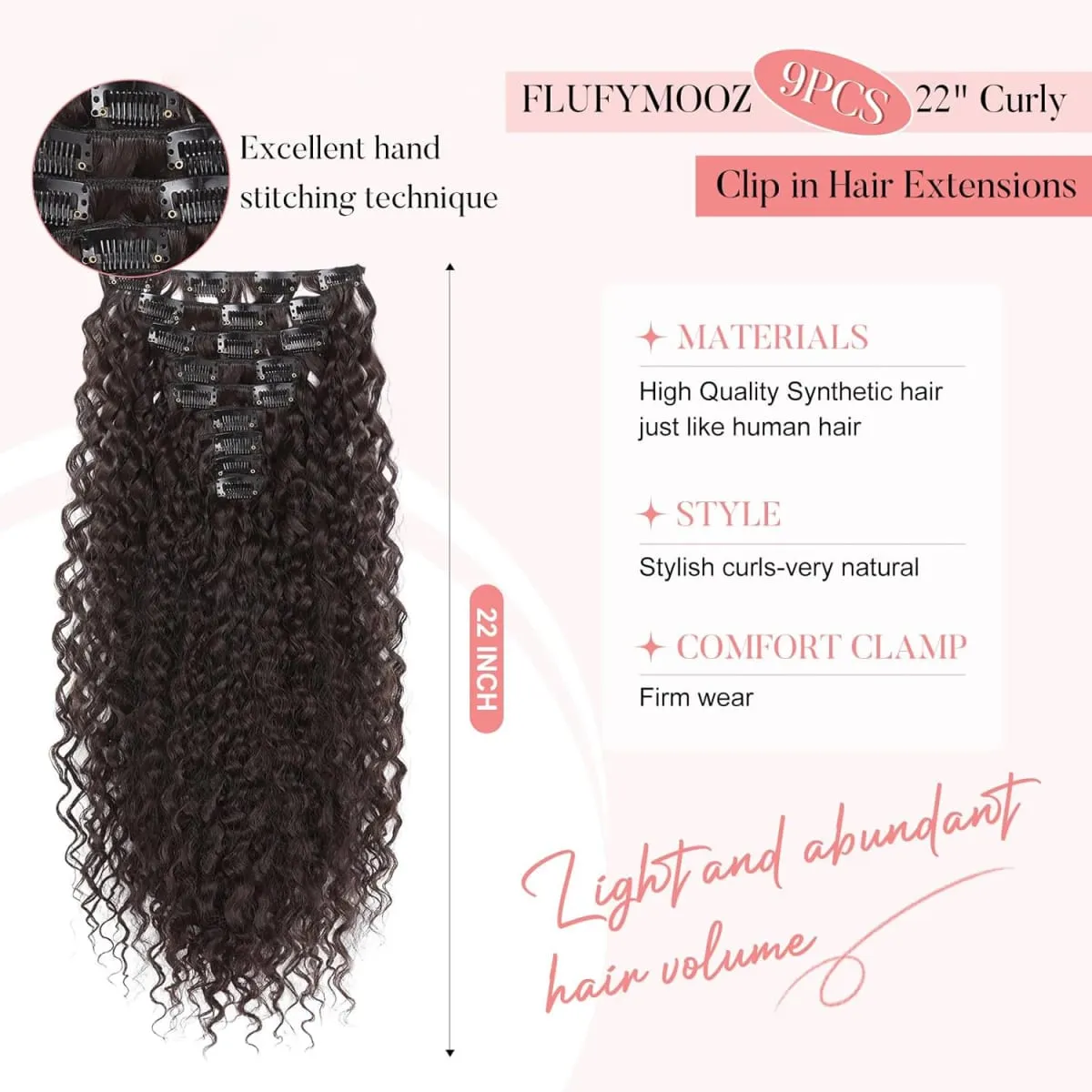 9PCS ที่ยอดเยี่ยม Handstitching คลิปในส่วนขยายของผม 22 นิ้ว CURLY Hair EXTENSION ยาวนุ่มสังเคราะห์ Hairpieces สำหรับผู้หญิง — image 4