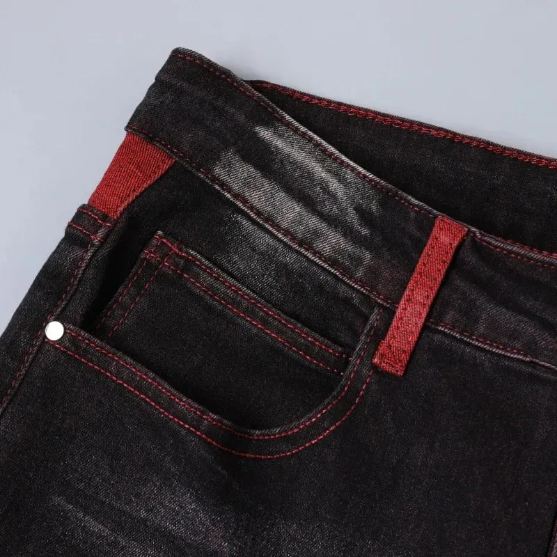 Jeans elasticizzati neri da uomo per pantaloni in denim primaverili e autunnali con dettagli strappati rossi, taglie asiatiche 28-42. — image 3