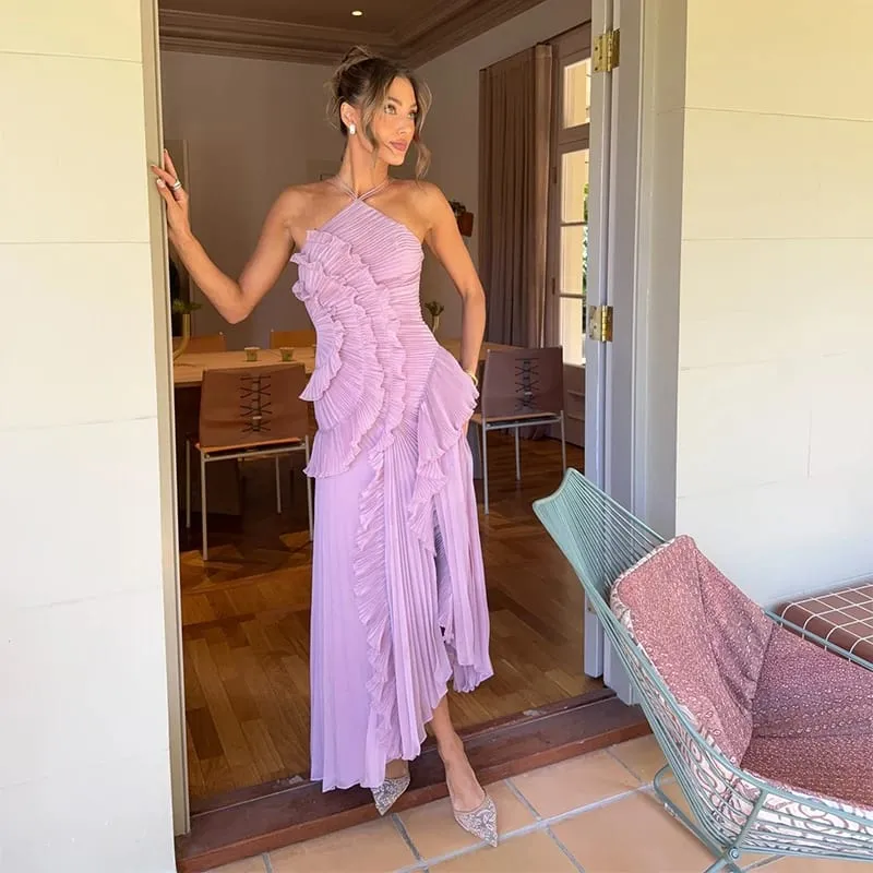 Elegantสายคล้องคอRufflesชุดราตรีของแข็งพับสายลูกไม้ขึ้นBacklessชุดพรรคเซ็กซี่ 2025 ใหม่ปาร์ตี้วันหยุดy2k Robe — image 3