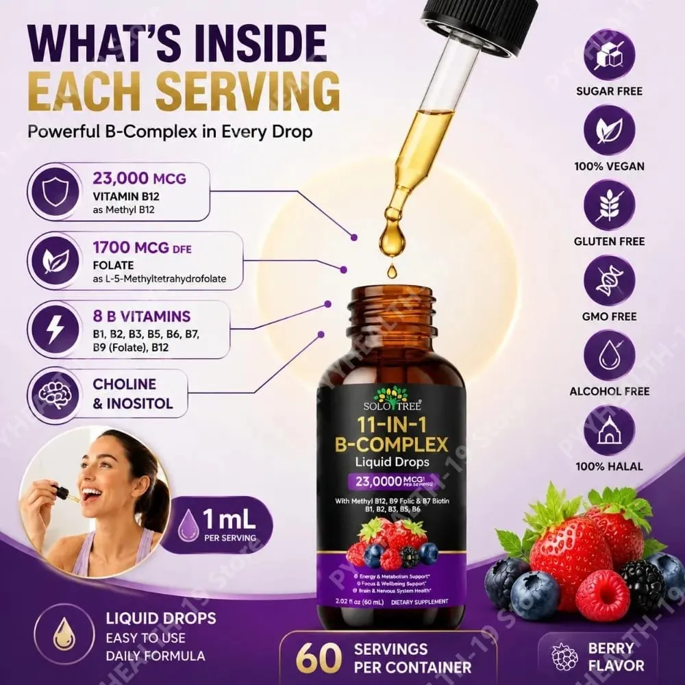 B-Complex Liquid Drops 11-in-1 Methyl B12 Folate Biotin For Energy Focus & Brain Nervous Support Formula Adult 60ml — image 6
