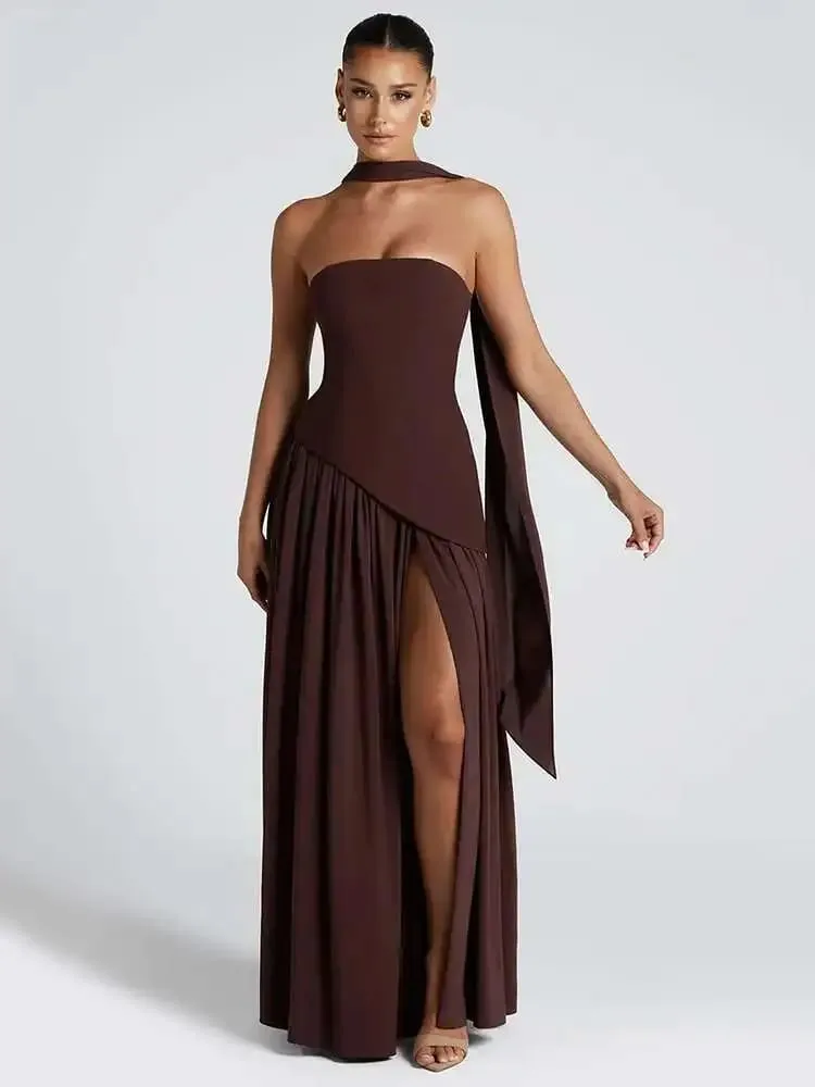 Elegante abito da donna estivo sexy senza spalline con spalle scoperte Abito patchwork con pieghe Sciarpa collo Abiti lunghi da sera con spacco alto — image 3