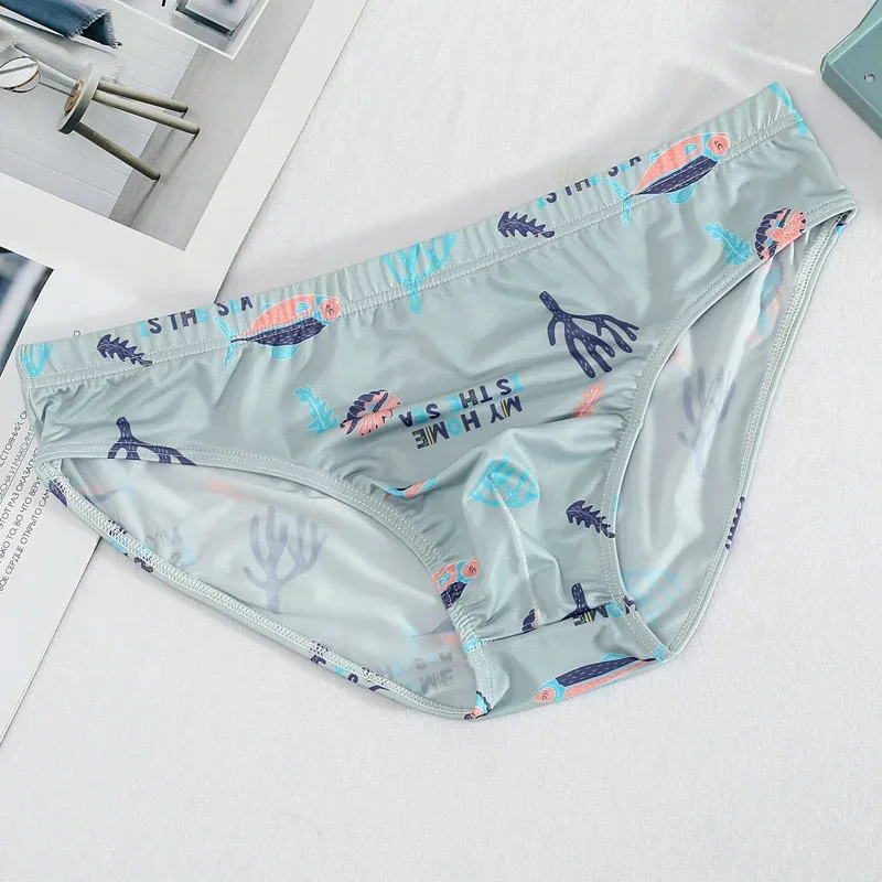 Men's Briefs Translucent Cartoon Printed Ice Silk Slippery Sexy Breathable Summer Low Waist U Convex Pouch Lingerie Underpants