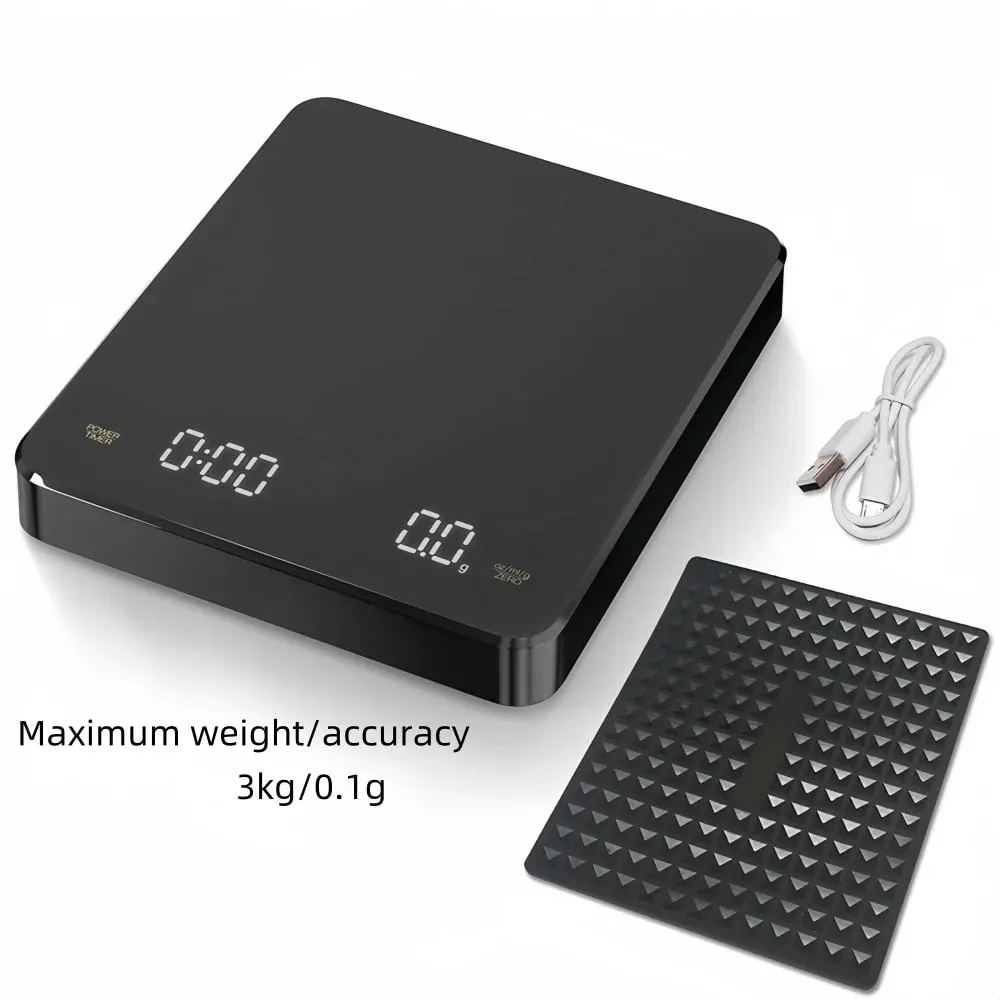 เครื่องชั่งกาแฟอิเล็กทรอนิกส์ความแม่นยำสูงพร้อมแผ่นกันน้ำจอแสดงผล LED USB Timing Professional Home อุปกรณ์เสริมกาแฟ 3 กก./0.1g