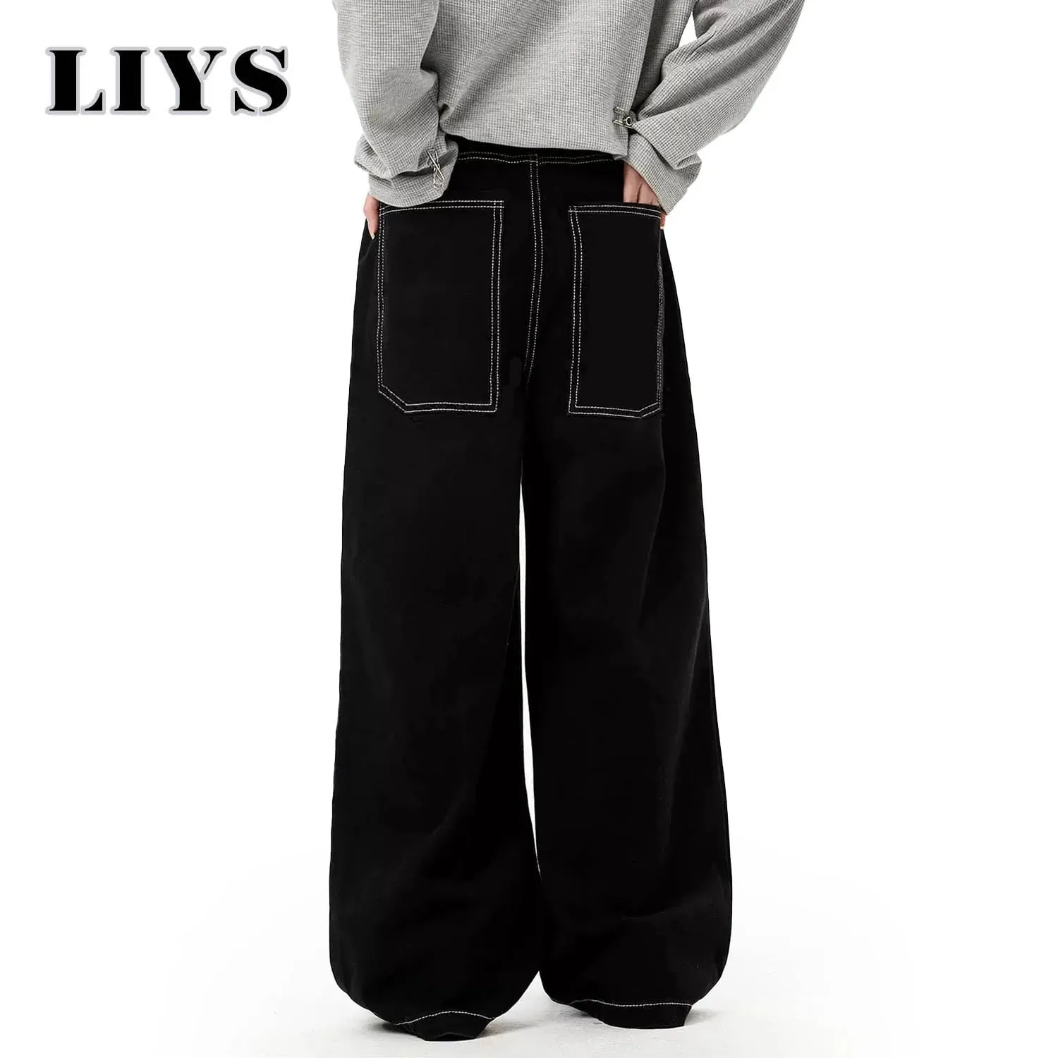 Wiosenne letnie męskie retro czarne luźne dżinsy z szeroką nogawką amerykański podstawowy unisex codzienny codzienne spodnie dżinsowe damskie czarne dżinsy w stosy — image 2