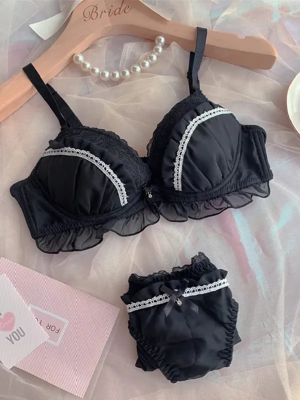 Girls Deep V Big Steel Ring Black Bra Set Sexy Thin Cup Mesh With Steel Ring Ladies Underwear Lingerie Panty — image 2