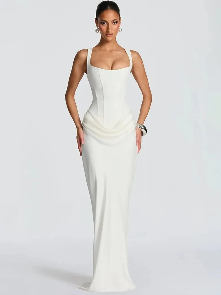 Mozision Abito lungo sexy increspato senza schienale da donna elegante colletto quadrato spalline affusolate senza maniche aderente abito lungo da festa per club — image 5