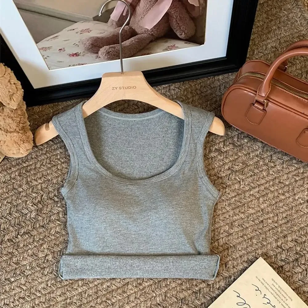 Frauen Einfarbig O Hals Rippen Tank Top Breite schulter Gurt Leibchen 2025 Sommer herbst Grundlegende Leibchen Elastische Tank Tops