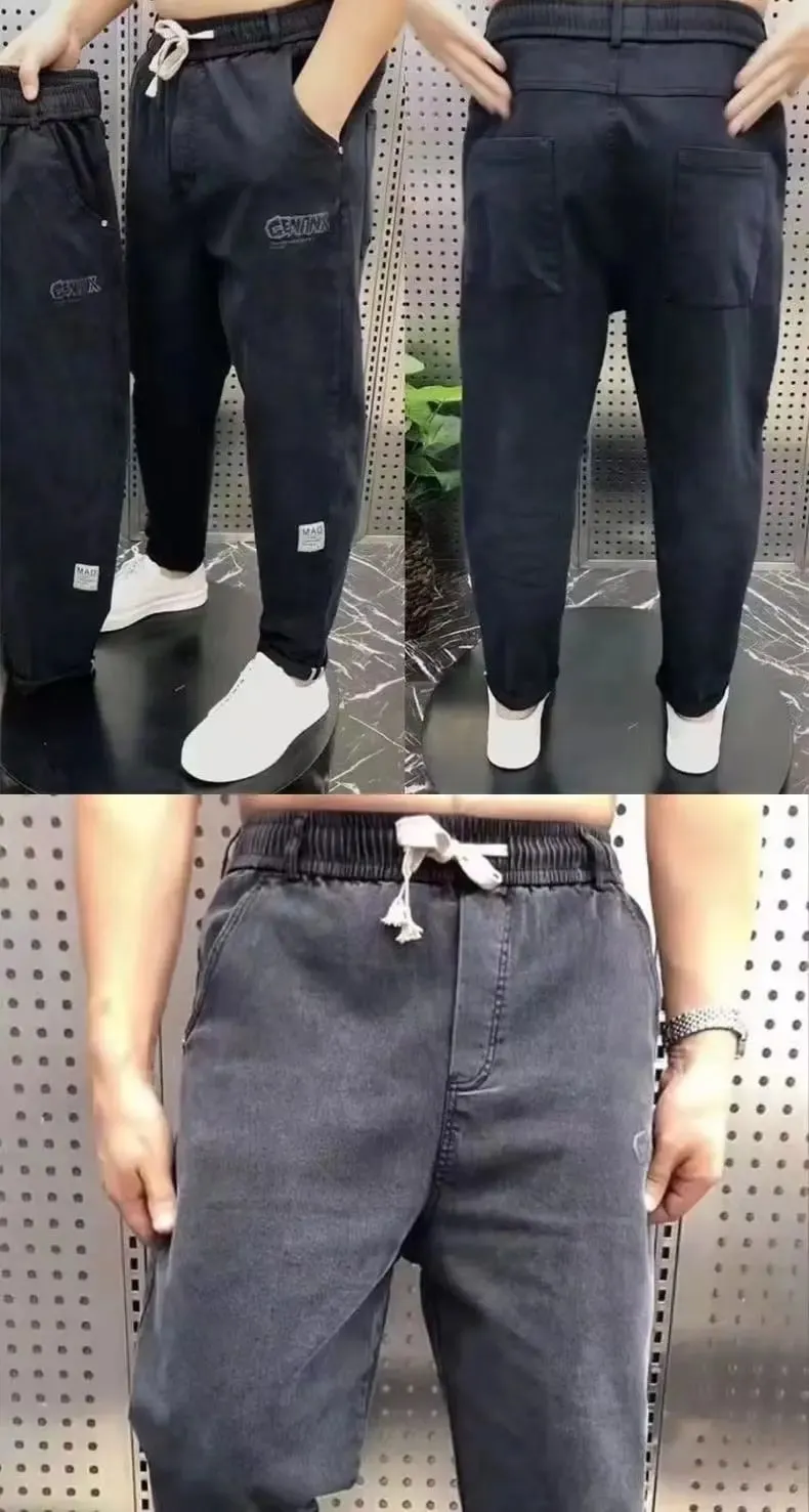 Harajuku Stretch Korea Streetwear Loose Solid Denim Jeans Elastic Waist for Men Spring Summer New plus size 7XL 8XL Casual Pants — image 9