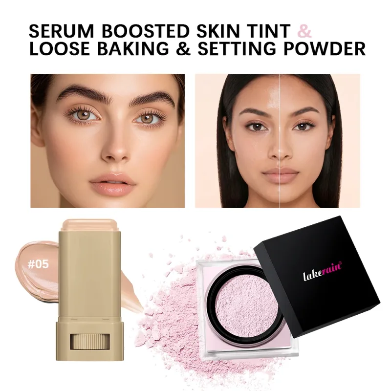 Serum Boosted Skin Tint Stick & Loose Baking Setting Powder Kawalan Minyak Mekap Alas Pakaian Panjang Mekap Sekata Tona Kulit Mekap Kemasan Matte — image 10