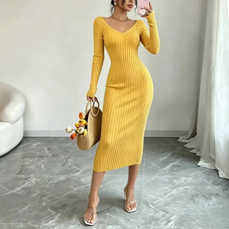 Women Solid Color V‑Neck Ribbed Knit Maxi Sweater Dress Elastic Long Sleeve Bodycon Dress Ladies Casual Party Fashion Dresses — image 10