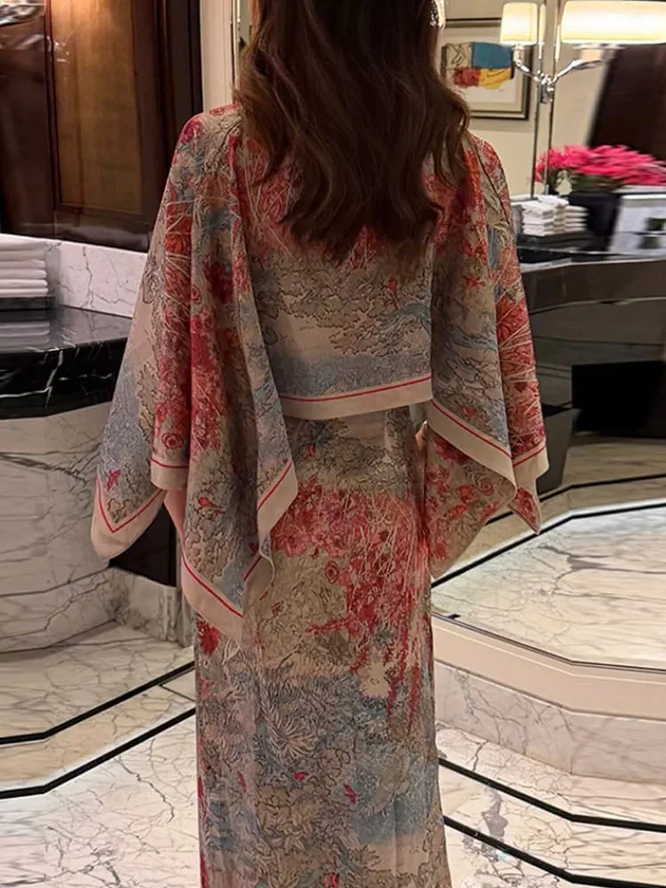 Women Tropical Leaf Print Cape Two Piece Set Batwing Loose Top High Waist Maxi Dress 2026 Summer Fashion Vacation Casual Suit — image 6