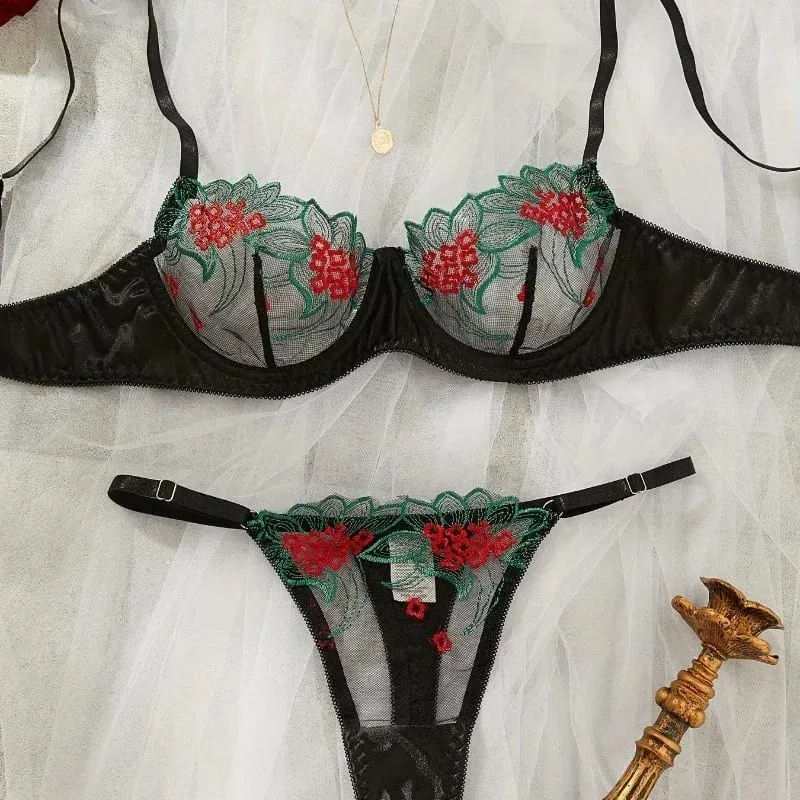 2-teiliges schwarzes, bequemes, leichtes, halbtransparentes Dessous-Set für Damen. Fancy Lingerie BH-Set mit floraler Spitze, Luxus-Unterwäsche