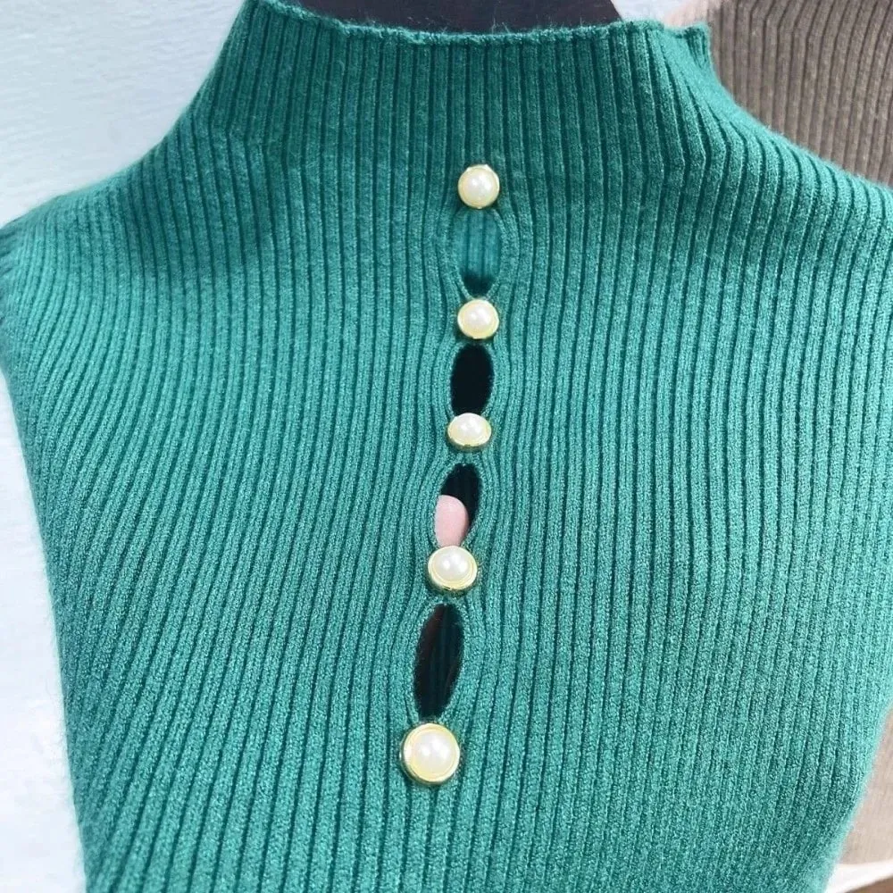 Rompi Rajut Warna Solid Elegan Kaus Pelangsing Tanpa Lengan T-Shirt Tank Top Setengah Turtleneck Wanita — image 3