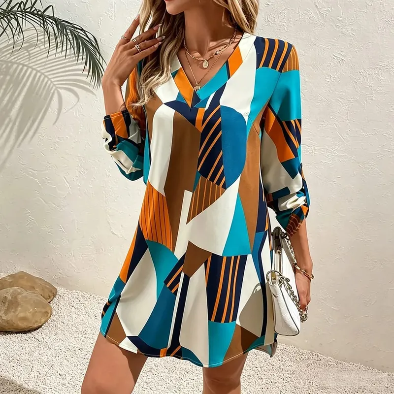 Robe à manches longues et col en v, Mini robe ample à motif géométrique imprimé, tenue de plage décontractée, courte, été