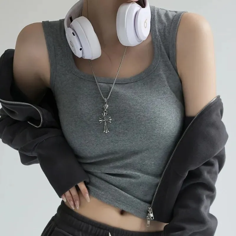 Women's Solid Color Wide Strap U-Neck Sleeveless Tank Top Summer Slim Fit Casual Basic Inner Wear Streetwear Vest — image 2