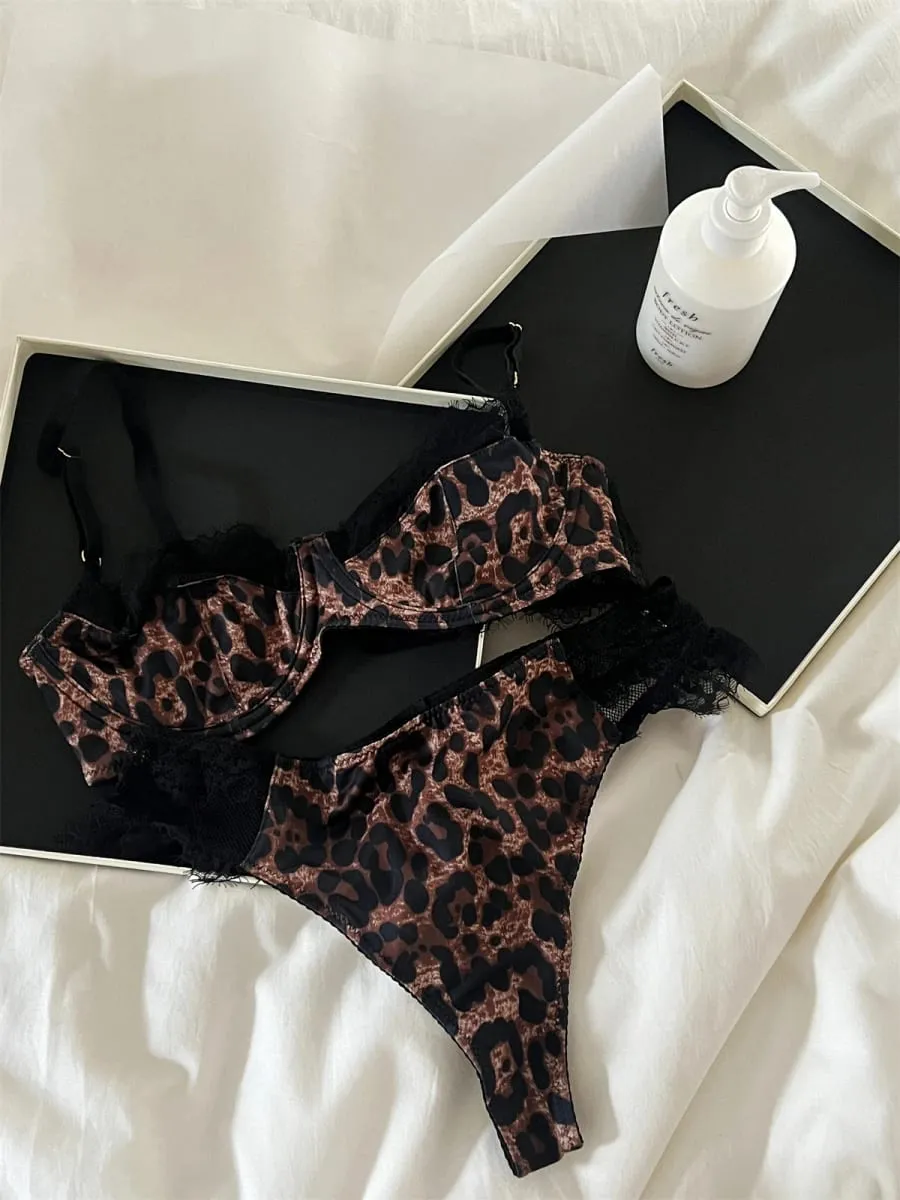 프랑스어 속옷 세트 레오파드 섹시한 강철 반지 레이스 삼각형 컵 브래지어 간략한 정장 빈티지 패션 란제리 Ins Bodycon을 밀어 — image 3