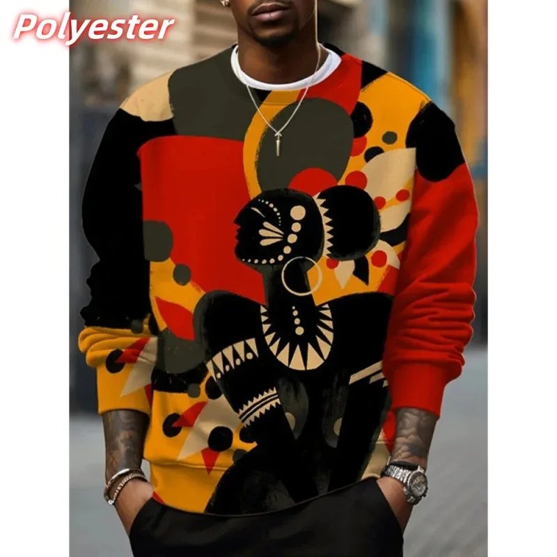 3D Printed Retro Africa Ethnic Hoodie For Men Cool Colorful Pattern Sweatshirt Casual Long Sleeves Pullovers Round Neck Hoodies