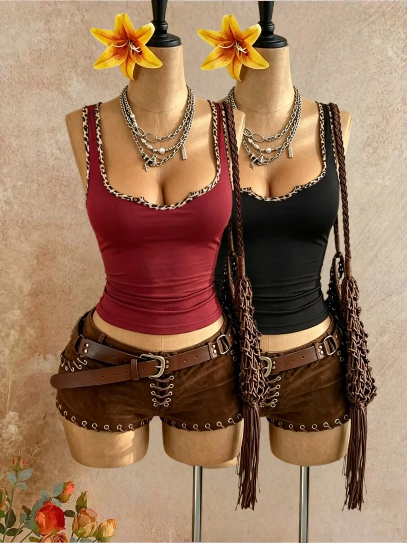 2 pezzi donna stampa leopardata con scollo a U senza maniche canotta tinta unita slim fit occidentale Y2K Cami gilet multicolore vino rosso nero — image 1