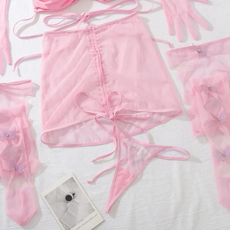 Lingerie ultra sexy, reggiseno con coulisse, bretelle attraenti, romantici guanti con calza ritagliata a farfalla — image 2