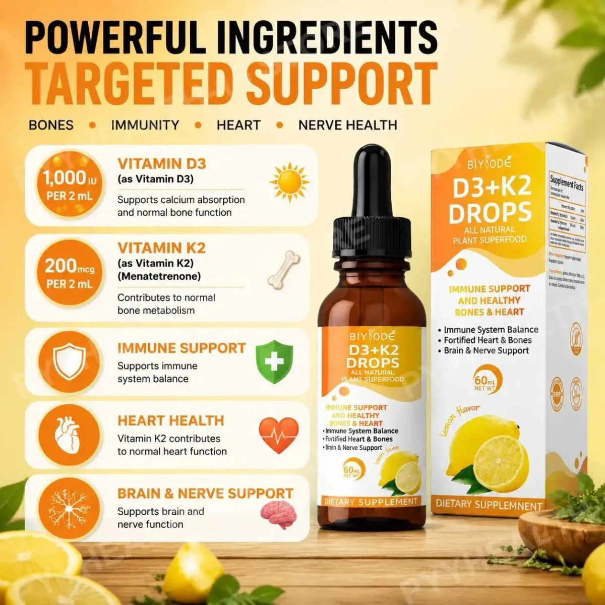 Vitamine D3 K2 Gouttes liquides Absorption du calcium et soutien osseux 1000 UI D3 au goût de citron K2 60 ml 30 portions — image 5