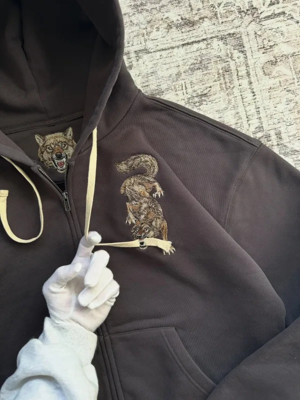 Dark Brown Full Zip Hoodie Double Men Wolf Embroidery Drawstring Pocket Oversized Y2K Grunge Vintage Street Zip Up Sweat Jackets — image 6