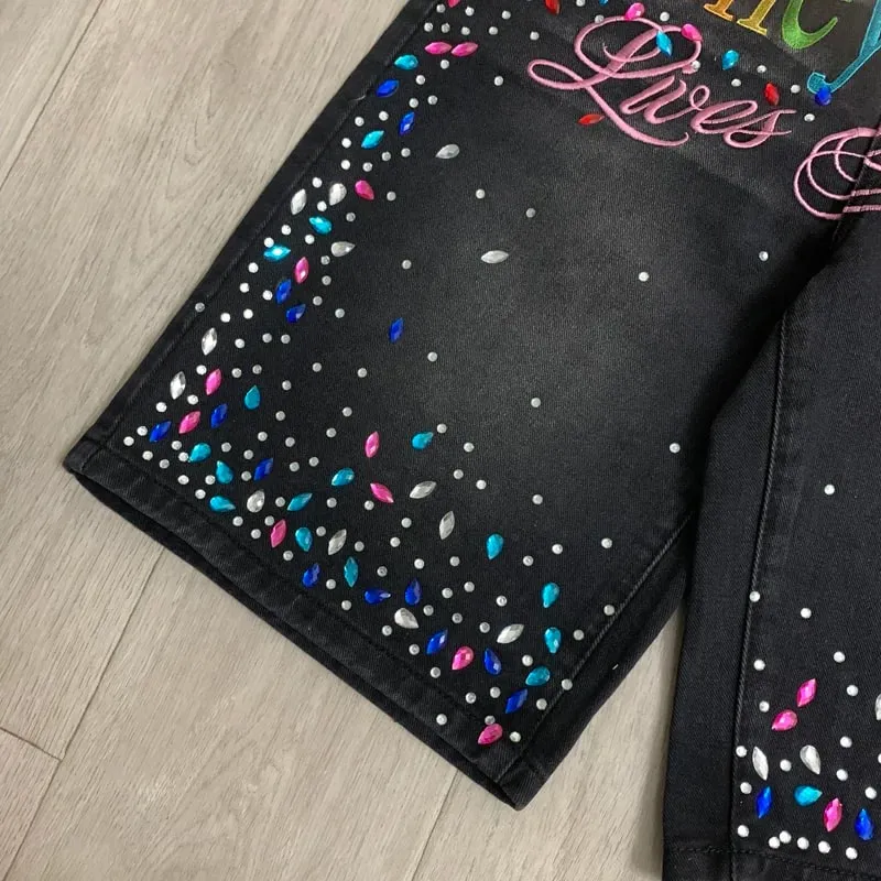 2026 ล่าสุดสไตล์ VALLEY Shiny Diamond โลโก้ Denim กางเกงขาสั้น Vintage ล้างผู้ชายผู้หญิงคุณภาพสูงแฟชั่นกางเกงยีนส์ Skinny — image 6