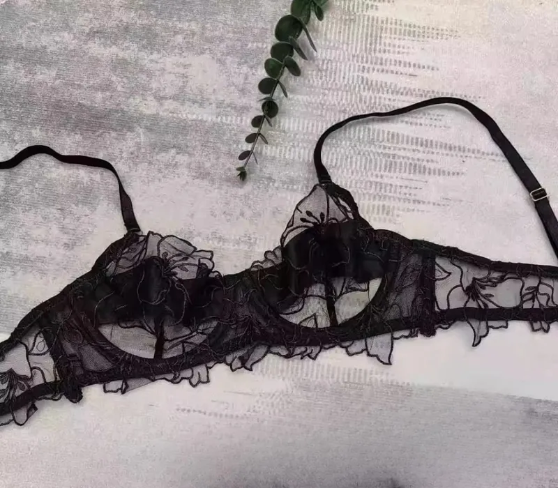 Set di lingerie in pizzo ricamato francese, busto grande, reggiseno dall'aspetto piccolo, senza ferretto, reggiseni trasparenti anti-cedimento per donna S-XL 32-38AB — image 9