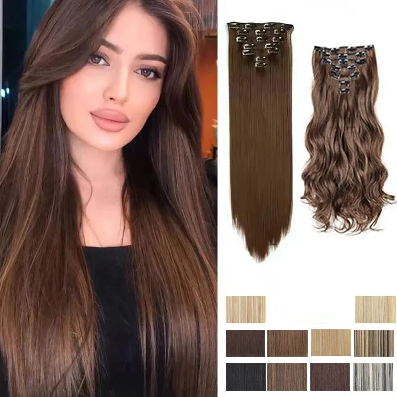 Coiffure longue droite 16 Clips 7 pièces/ensemble Extensions de cheveux postiches synthétiques blondes noires naturelles résistantes à la chaleur pour les femmes Kp — image 2