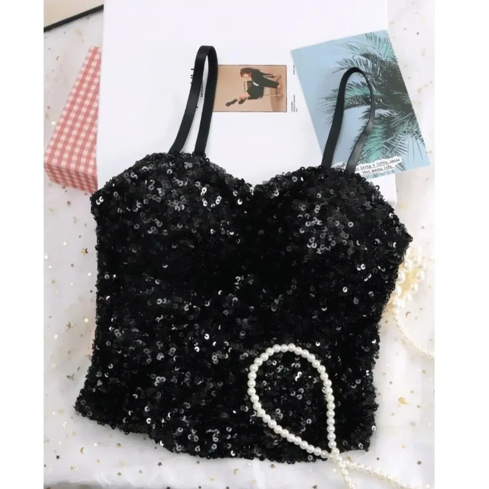 Camiseta sin mangas de una pieza con lentejuelas brillantes, chaleco envolvente fijo en el pecho, chaleco sin espalda de alta elasticidad, ropa interior, chaleco de capa Base corta, Top de verano