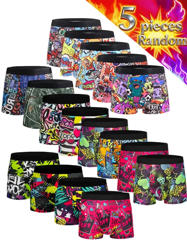 5 Stück zufällige atmungsaktive Boxer-Unterwäsche für Herren mit bunten Graffiti-Mustern, elastischem Bund, trendige und modische Unterwäsche