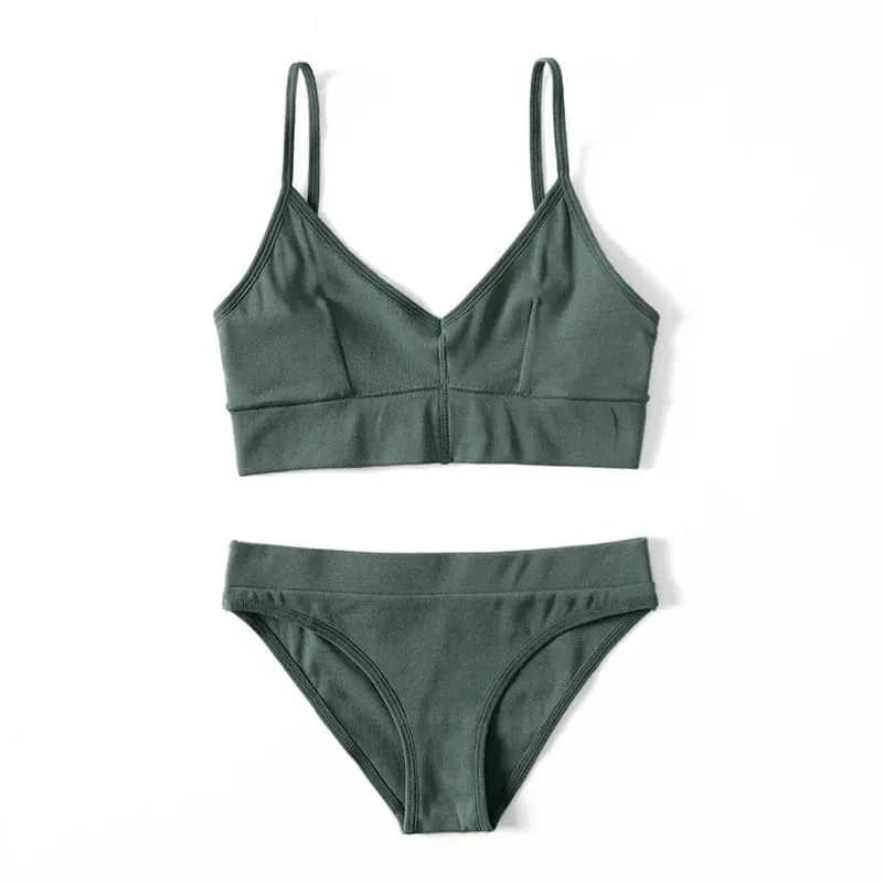 Ensemble Bralette sans fil côtelé de couleur unie, soutien-gorge Camisole à fines bretelles avec slip Triangle, Lingerie pour femmes — image 4