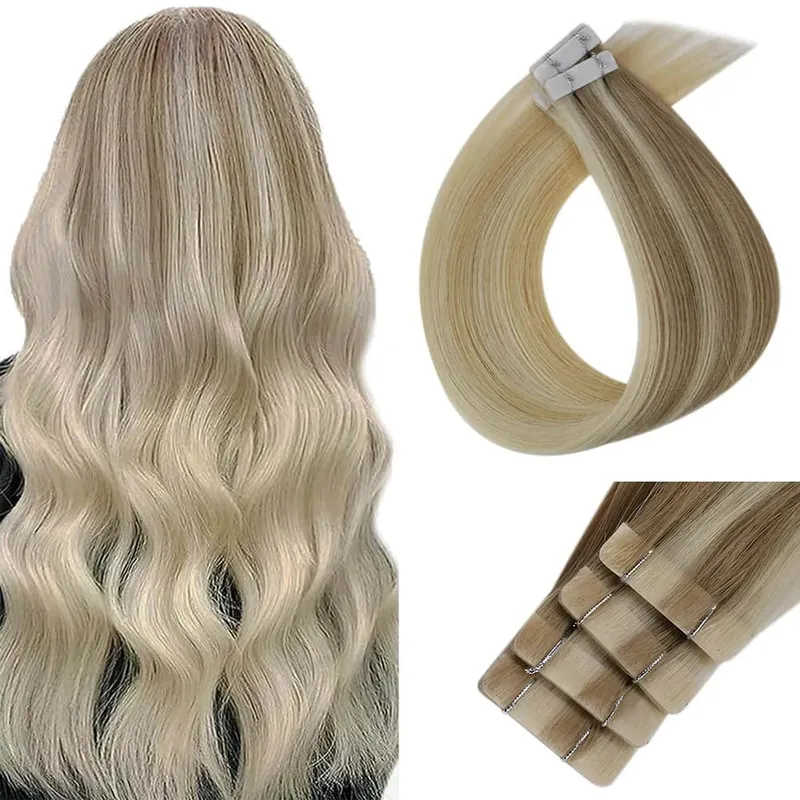 Przedłużanie włosów na taśmie wtryskowej Moresoo Popielaty blond Podkreśla dziewicze włosy Naturalna prosta brazylijska taśma w przedłużaniu ludzkich włosów — image 12