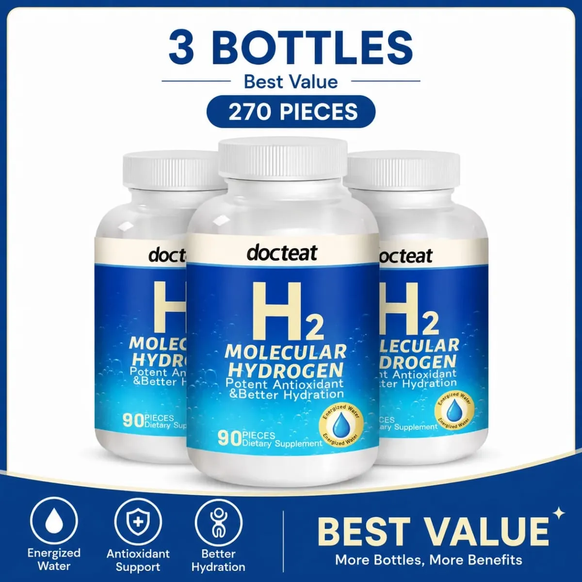90 adet H2 Moleküler Hidrojen Su Tabletleri Magnezyum ile 160 mg Efervesan İçecek Takviyesi Seyahat Spor Salonu Ev Hidrasyon