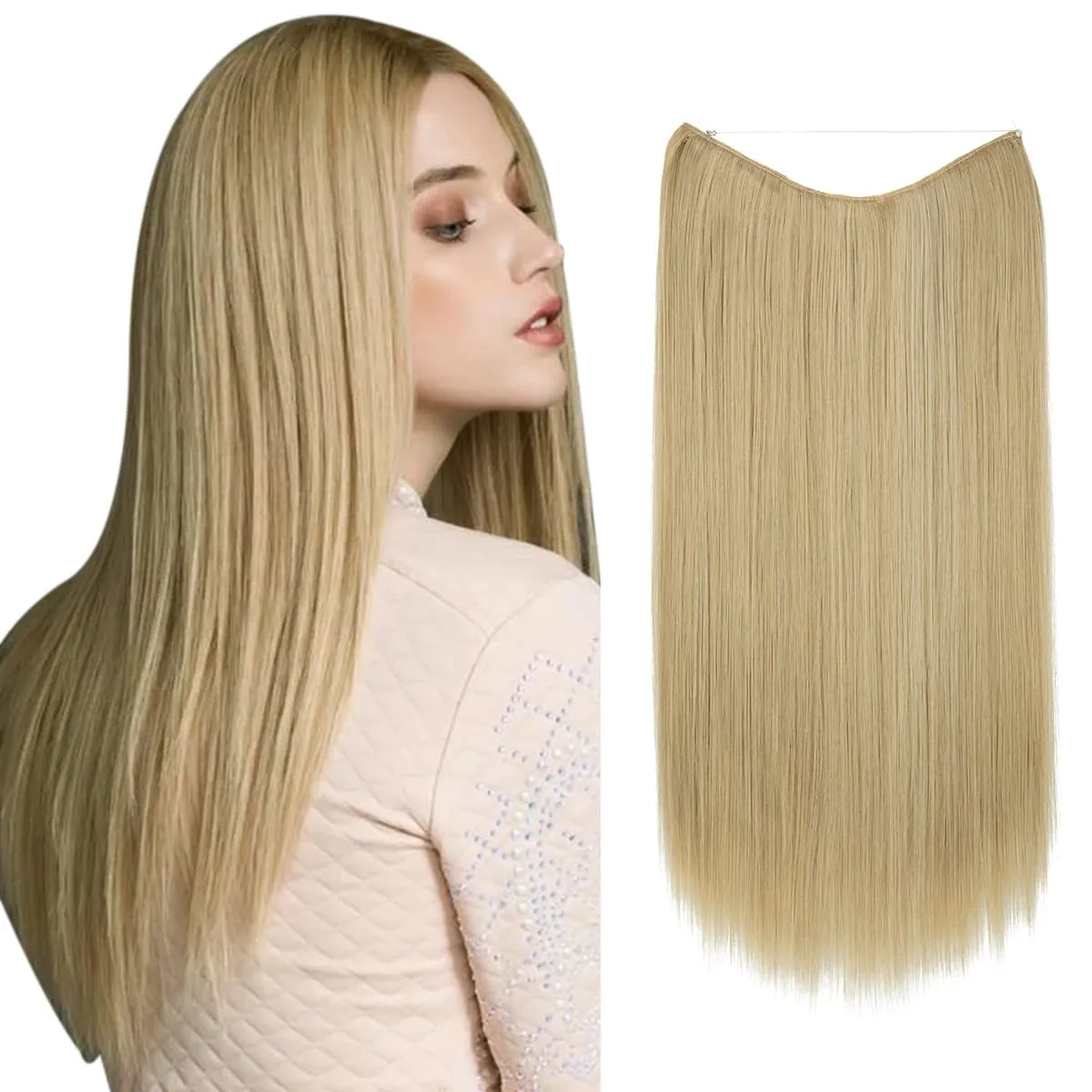 Estensioni per capelli con filo invisibile sintetico resistente al calore premium con clip Posticci Capelli lunghi lisci naturali finti per donna — image 12