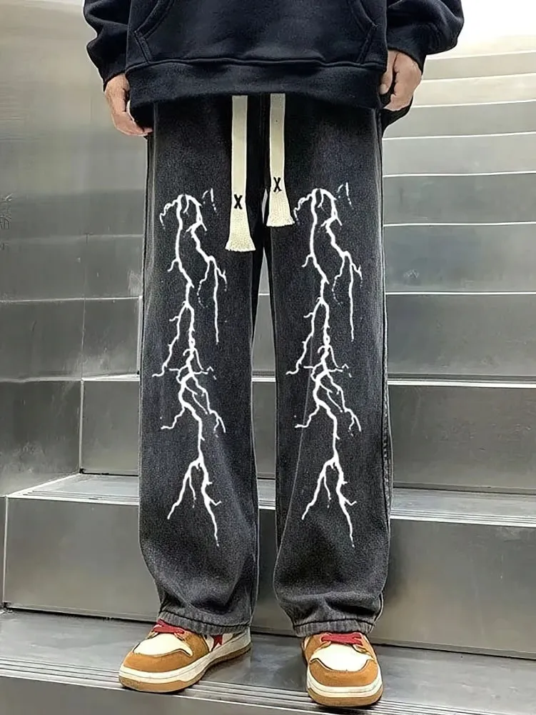 Printed Black Baggy Jeans Pants Men Straight Oversize Graphic Casual Wide Leg Denim Long Trousers Korean Drawstring Sweatpants — image 6