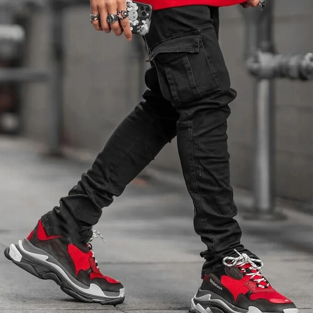 Jean élastique de rue pour hommes, pantalon Cargo en Denim, couleur unie, multi-poches, décontracté, taille moyenne, coupe cintrée, tenue quotidienne, jogging — image 5