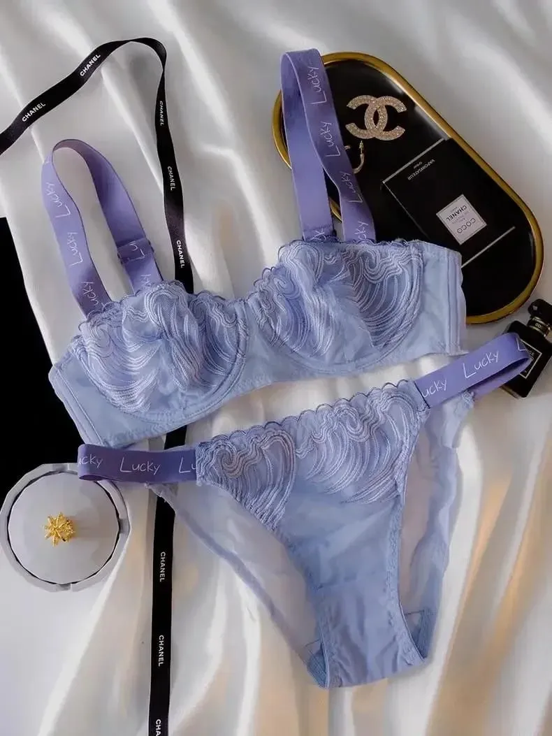 Minimizer bh-set van Frans kant - Halve cup beugelloze ondersteuning Doorschijnende bralette met volledige buste, gekruiste rug en kanten cups — image 1