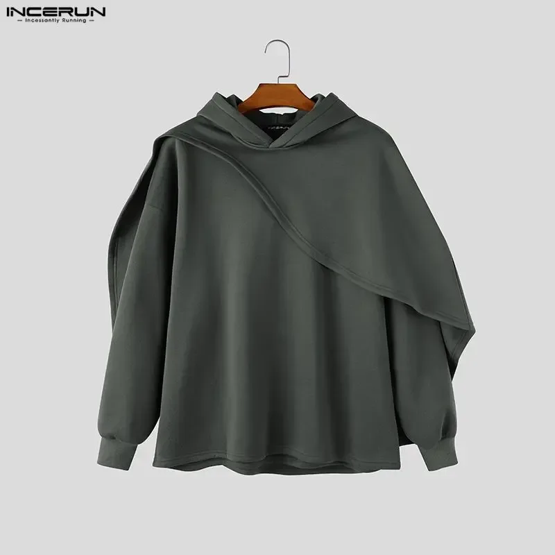 Men's Hoodies Ponchos Solid Color Hooded Long Sleeve Irregular Sweatshirts For Man Loose Stylish Casual Cape INCERUN Streetwear — image 7