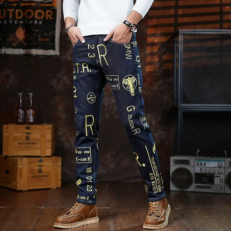 High end 2025 autumn new slim fit small leg pants for men personalized embroidery printed fashion trend jeans — image 1